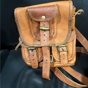 American Vintage Mini Leather Buckle Backpack in Tan and Brown